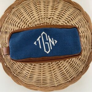 Smathers & Branson Dopp Kit Brown Leather Needlepoint blue Toiletry Bag TGN